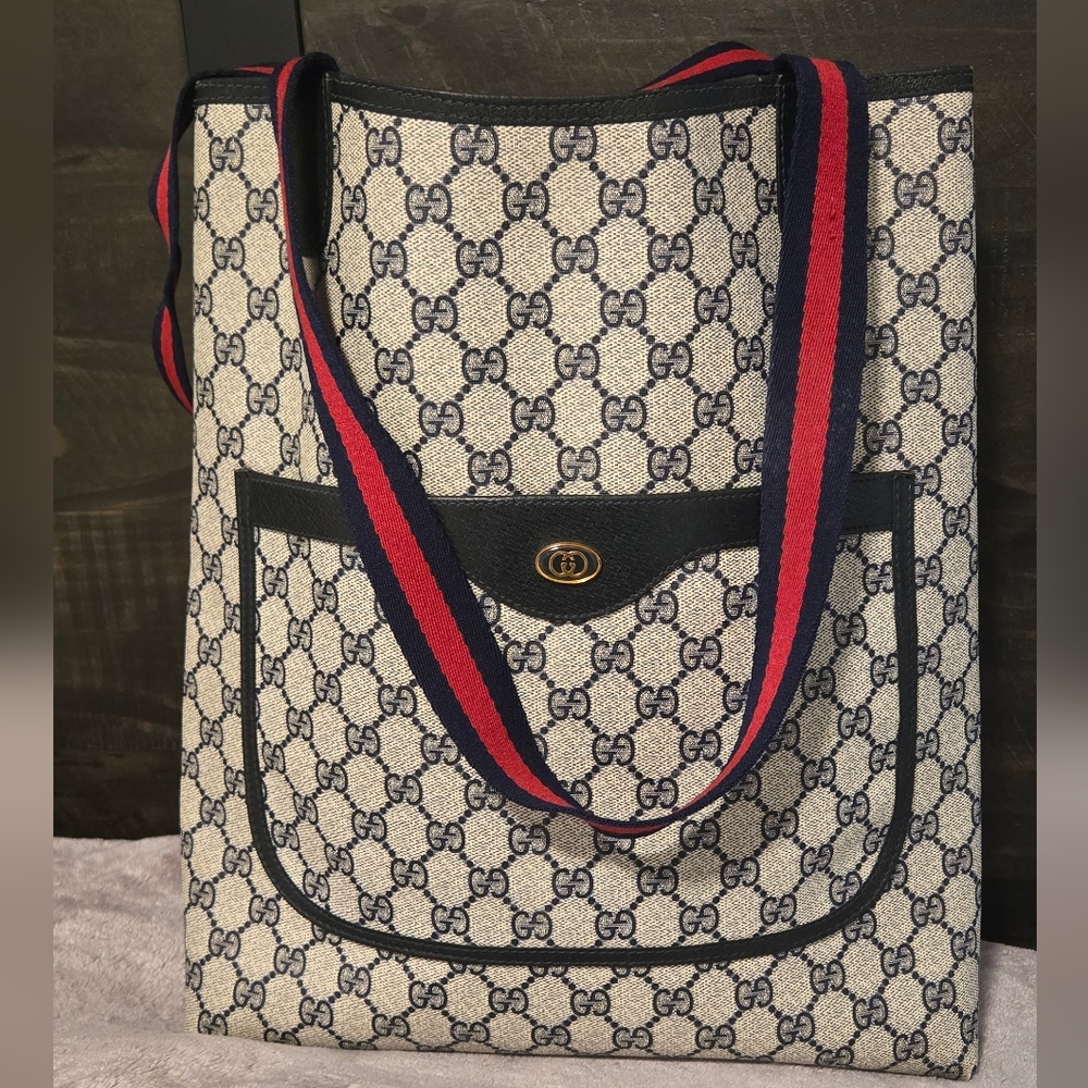 Vintage 1990s Gucci Micro GG Tote — Navy Blue “GG Mignon Grey-Blue” Canvas